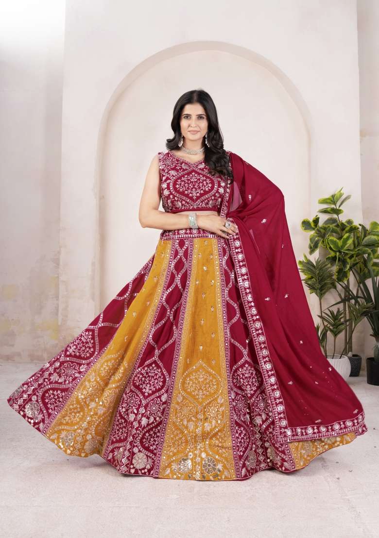 Red And Orange Silk Lehenga Set with Embroidered for Diwali | Wedding & Festive Wear - Indya