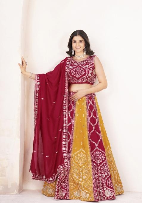 Red And Orange Embroidered Silk Lehenga Set