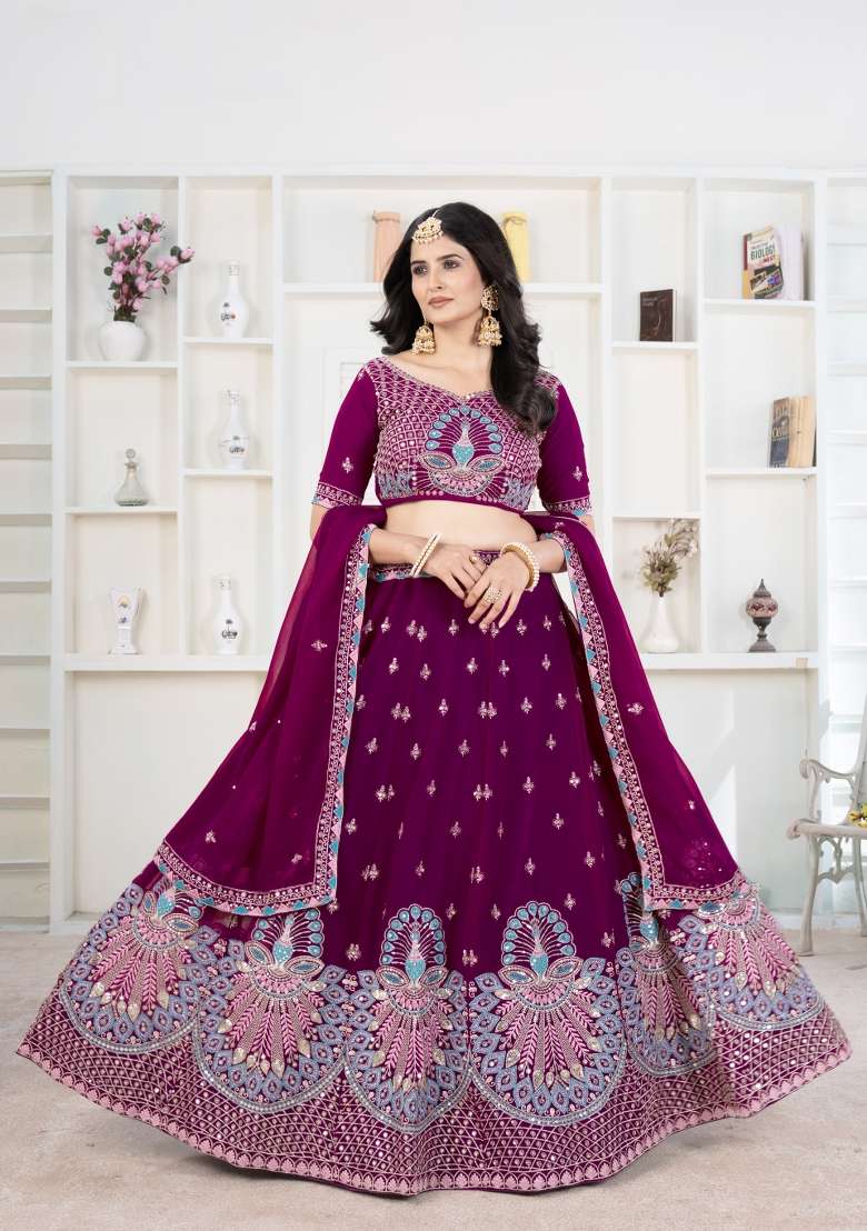 Maroon Embroidered Georgette Lehenga Set - Indya