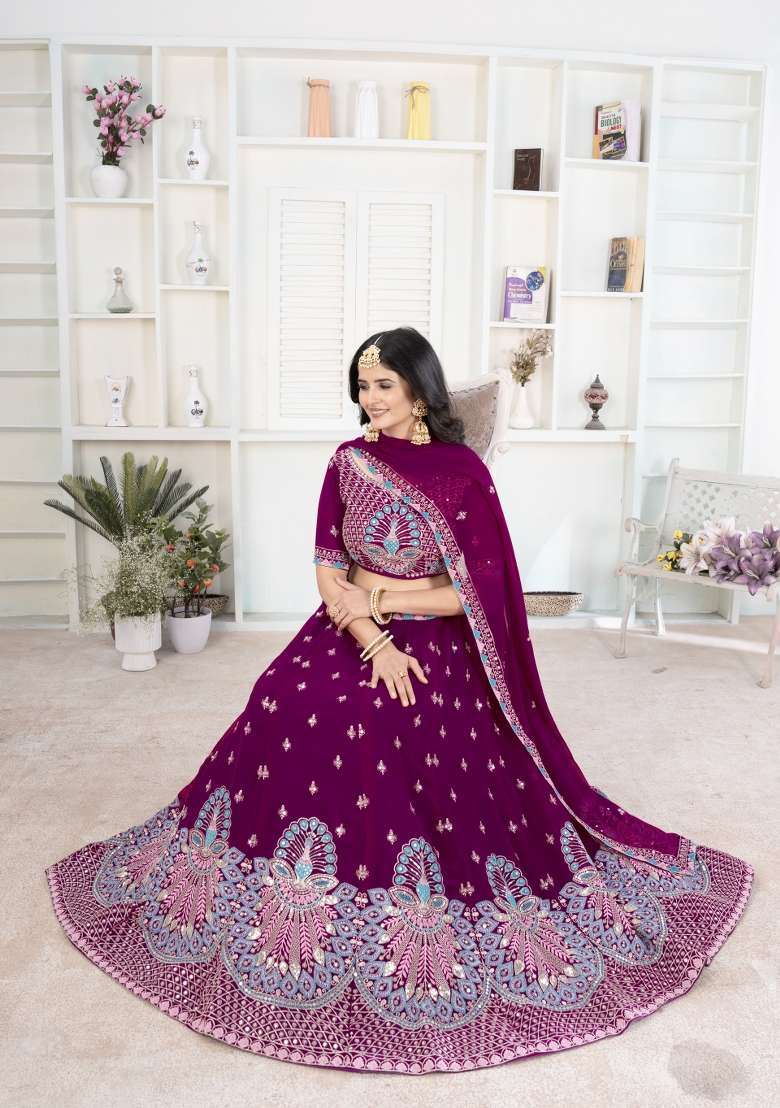 Maroon Embroidered Georgette Lehenga Set - Indya