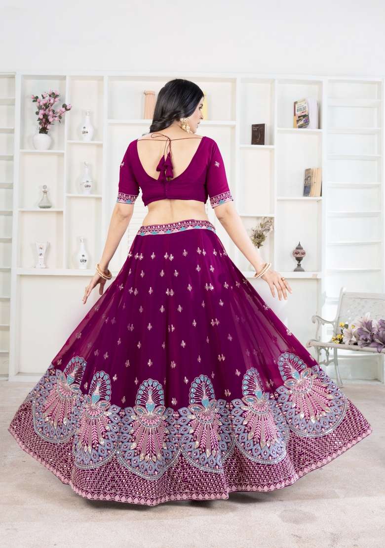 Maroon Embroidered Georgette Lehenga Set - Indya