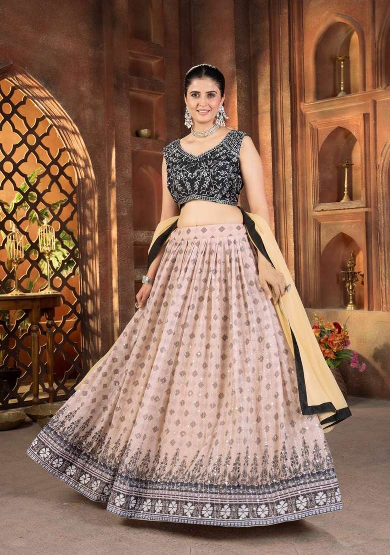 Chiku Georgette Lehenga Set with Embroidered for Diwali | Wedding & Festive Wear - Indya