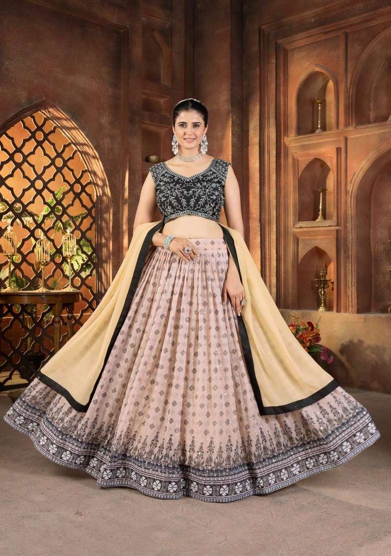 Chiku Georgette Lehenga Set with Embroidered for Diwali | Wedding & Festive Wear - Indya