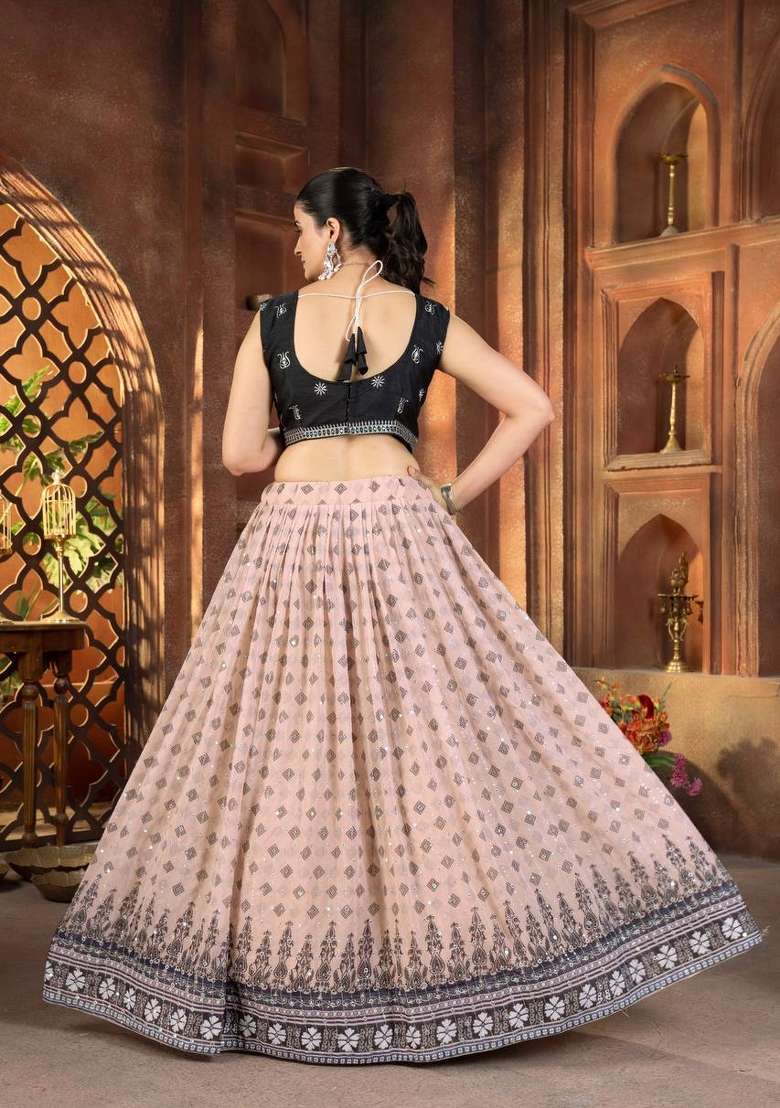 Chiku Georgette Lehenga Set with Embroidered for Diwali | Wedding & Festive Wear - Indya