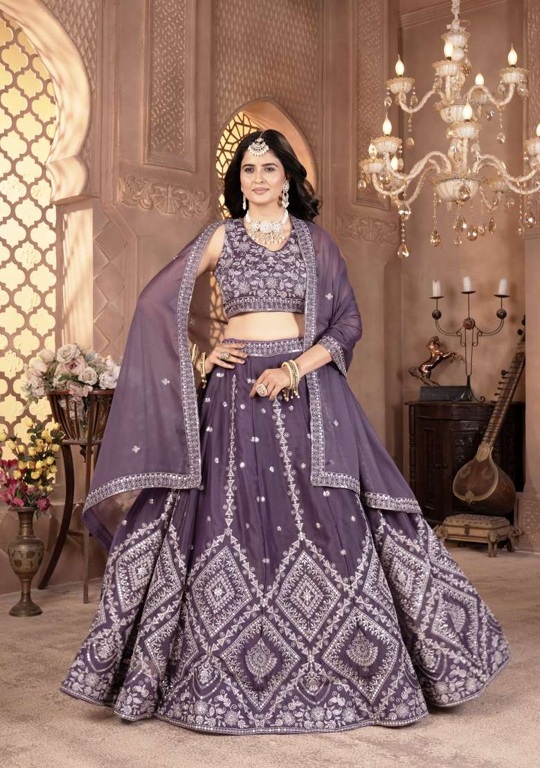 Purple Embroidered Georgette Lehenga Set - Indya