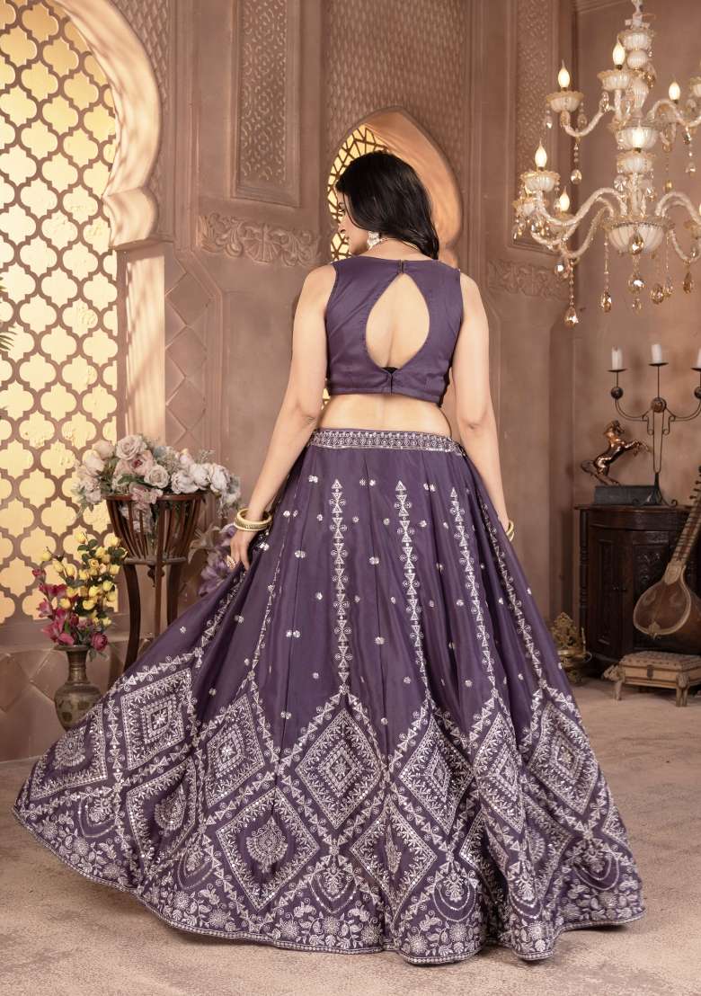 Purple Embroidered Georgette Lehenga Set - Indya
