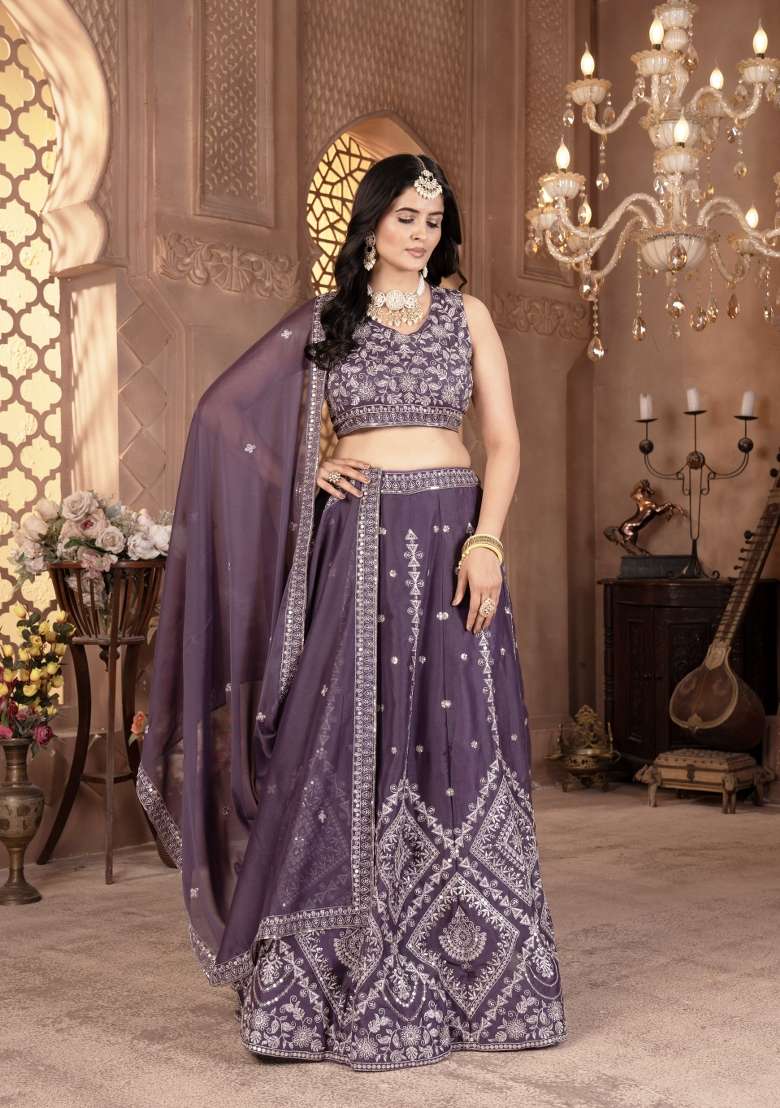 Purple Embroidered Georgette Lehenga Set - Indya