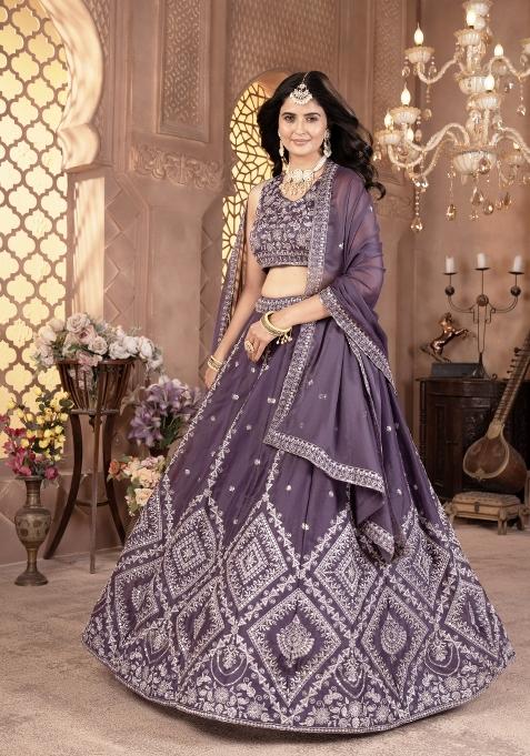 Purple Embroidered Georgette Lehenga Set