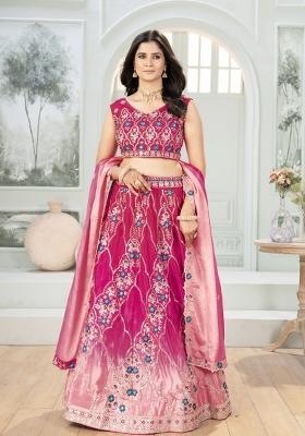 Dark Pink Embroidered Chinon Lehenga Set