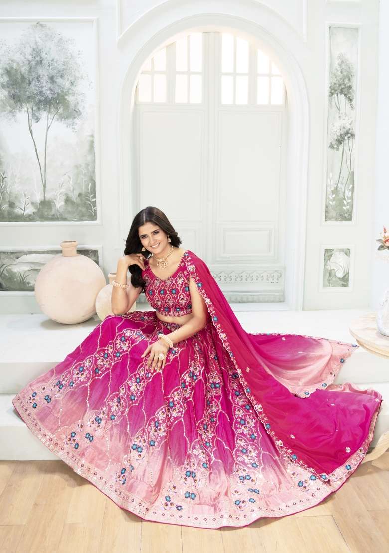 Dark Pink Chinon Lehenga Set with Embroidered for Diwali | Wedding & Festive Wear - Indya