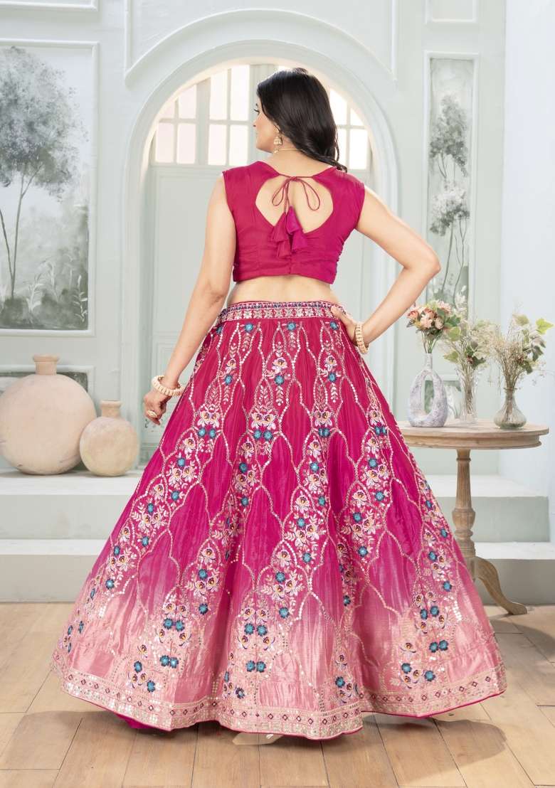 Dark Pink Chinon Lehenga Set with Embroidered for Diwali | Wedding & Festive Wear - Indya