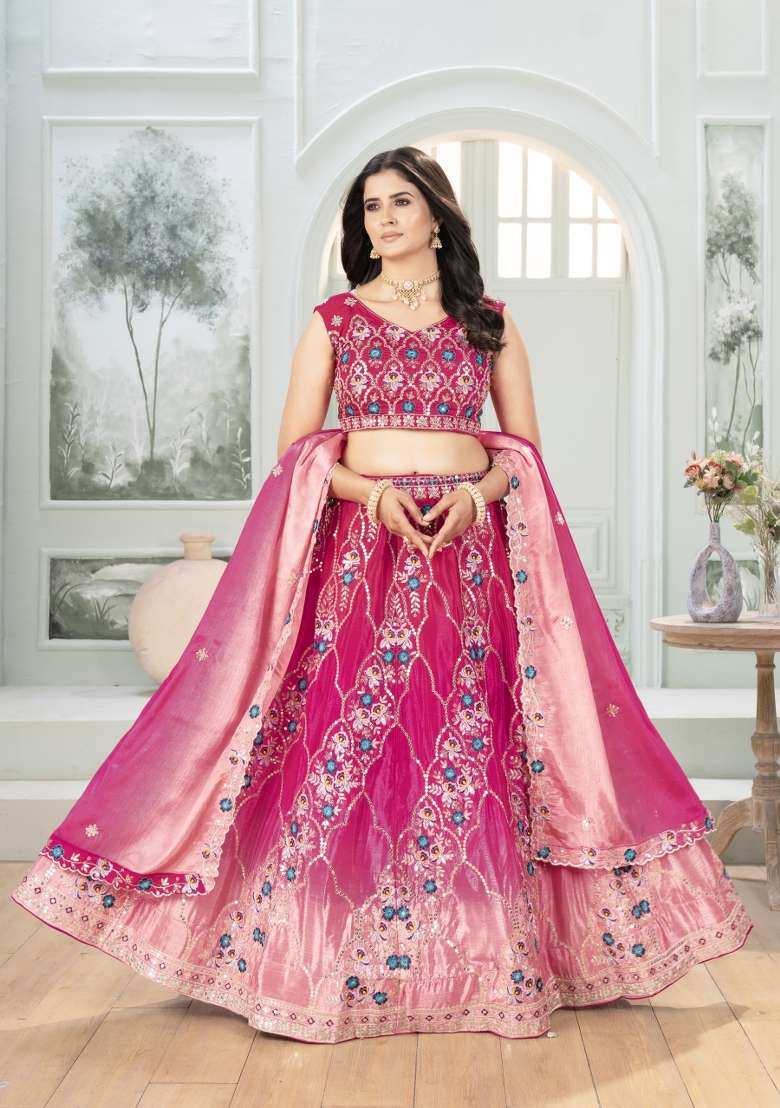 Dark Pink Chinon Lehenga Set with Embroidered for Diwali | Wedding & Festive Wear - Indya
