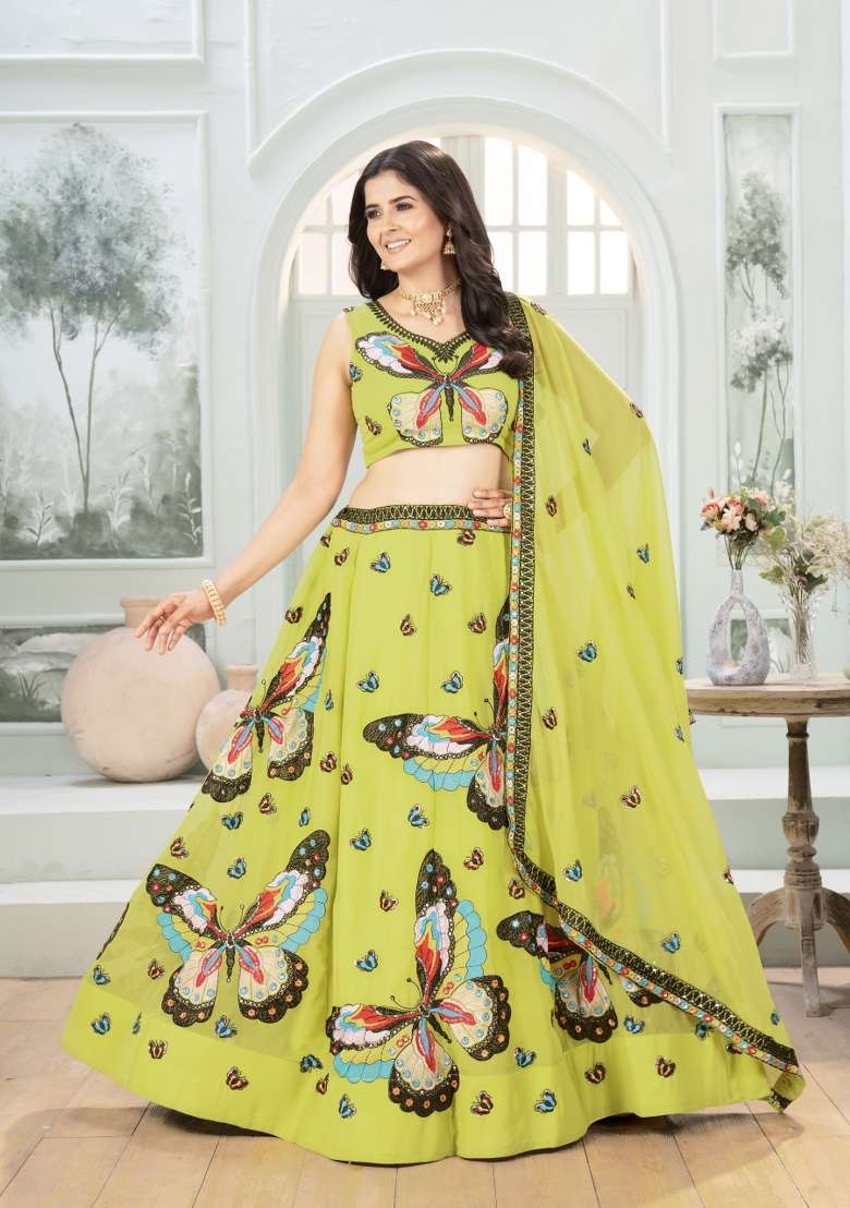 Parrot Embroidered Georgette Lehenga Set for Diwali and Festive Wear - Indya