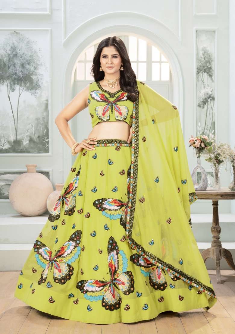 Parrot Embroidered Georgette Lehenga Set for Diwali and Festive Wear - Indya