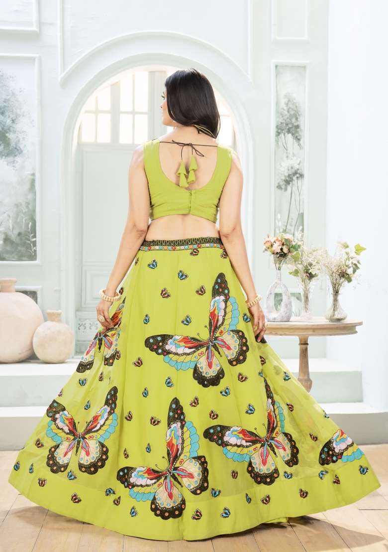 Parrot Embroidered Georgette Lehenga Set for Diwali and Festive Wear - Indya