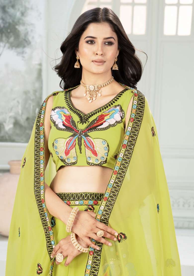Parrot Embroidered Georgette Lehenga Set for Diwali and Festive Wear - Indya