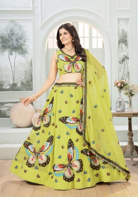 Parrot Embroidered Georgette Lehenga Set