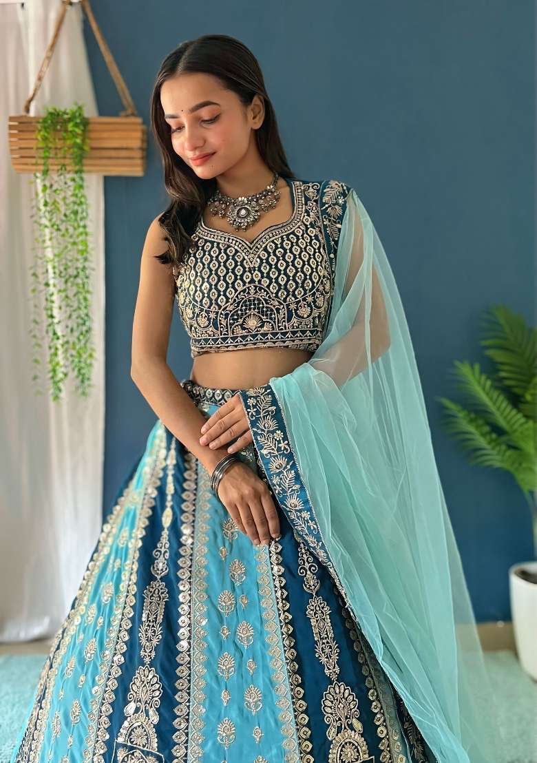 Sky Blue Georgette Lehenga Set with Embroidered for Diwali | Wedding & Festive Wear - Indya
