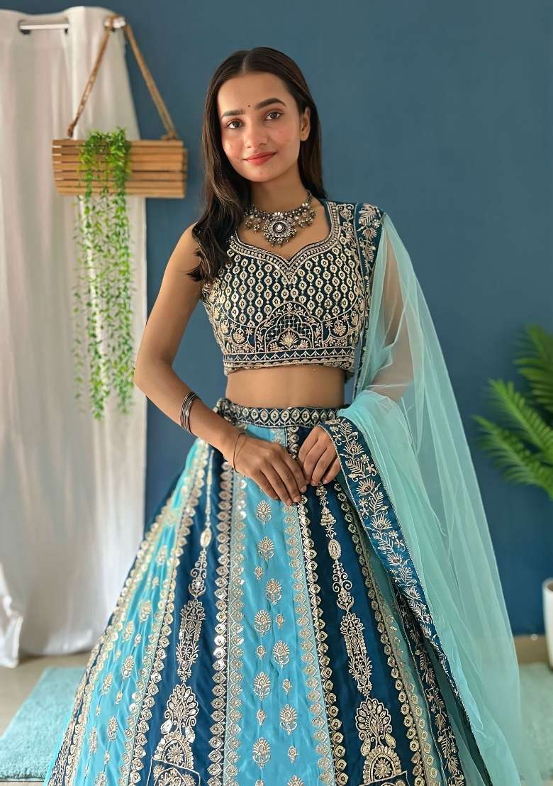 Sky Blue Georgette Lehenga Set with Embroidered for Diwali | Wedding & Festive Wear - Indya