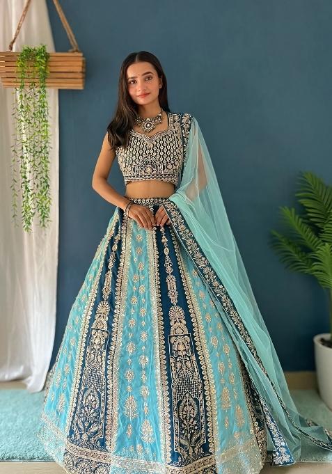 Sky Blue Embroidered Georgette Lehenga Set