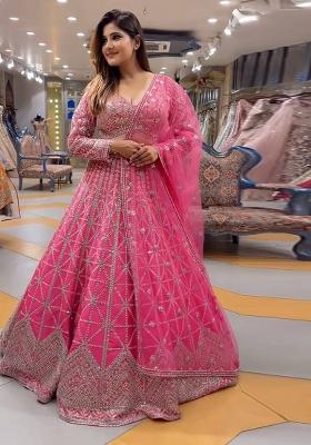 Pink Embroidered Chinon Lehenga Set