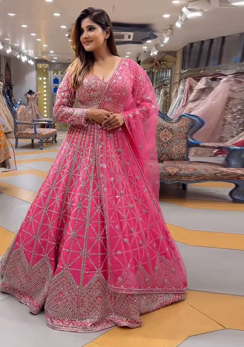Pink Embroidered Chinon Lehenga Set for Diwali and Festive Wear - Indya