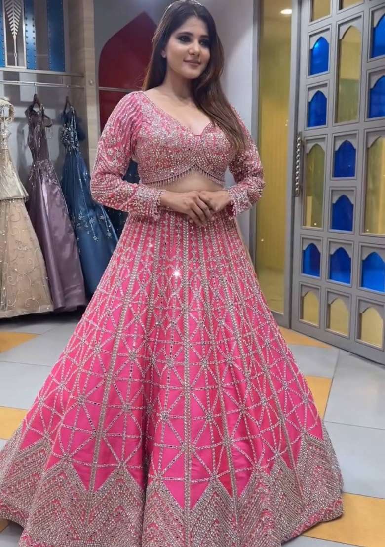 Pink Embroidered Chinon Lehenga Set for Diwali and Festive Wear - Indya