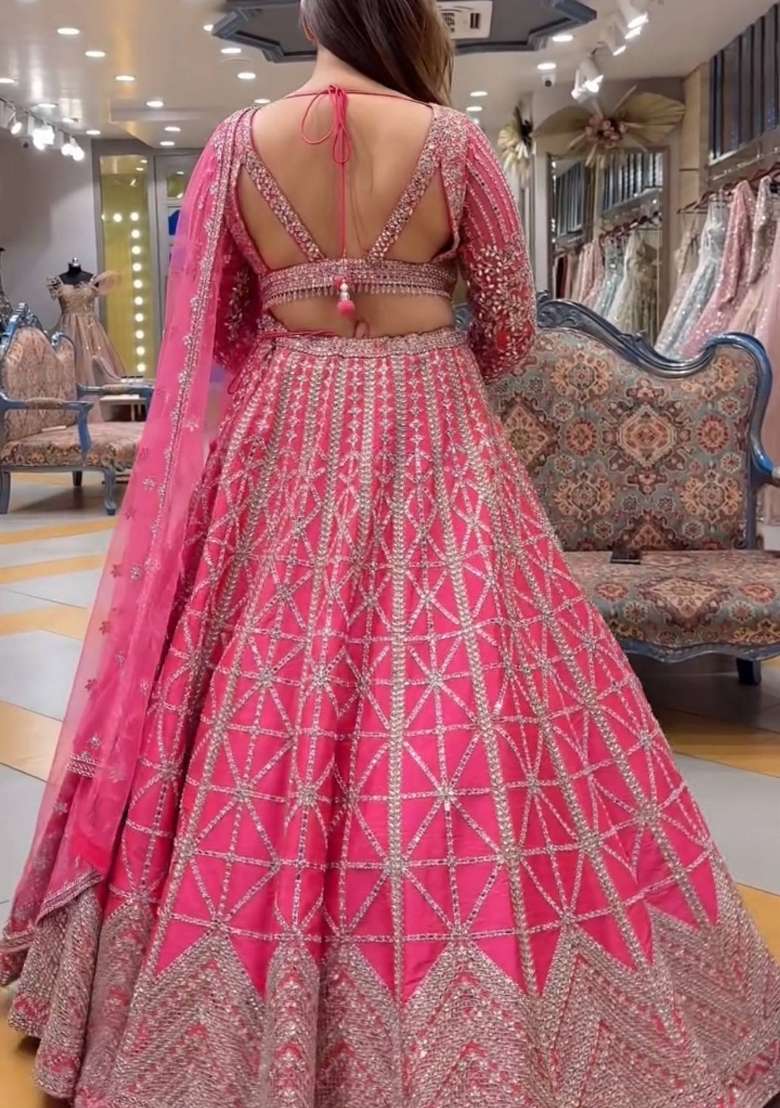 Pink Embroidered Chinon Lehenga Set for Diwali and Festive Wear - Indya