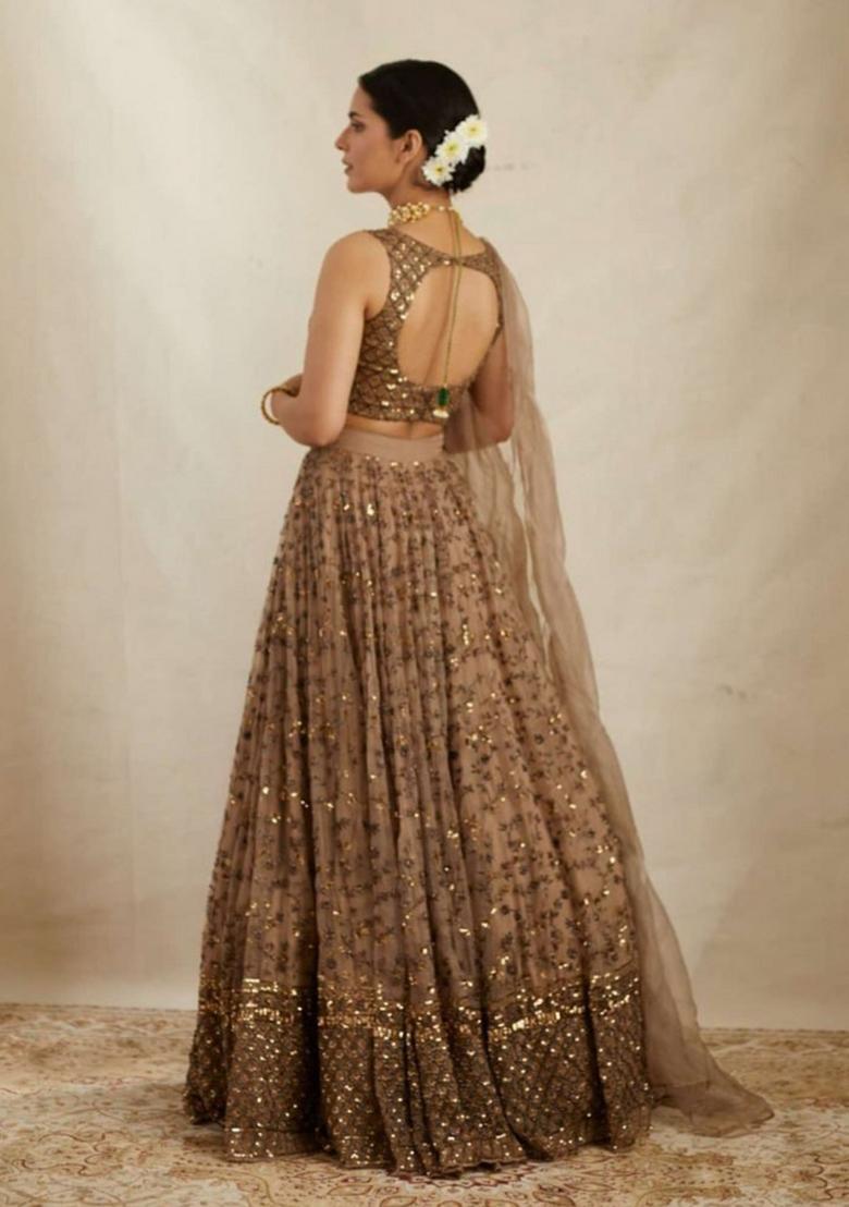 Brown Embroidered Net Lehenga Set - Indya