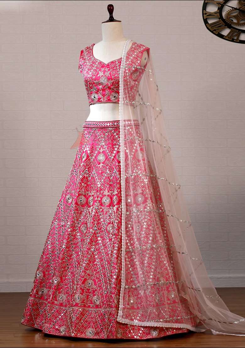 Pink Work Silk Lehenga Set with Sequin for Diwali | Wedding & Festive Wear - Indya