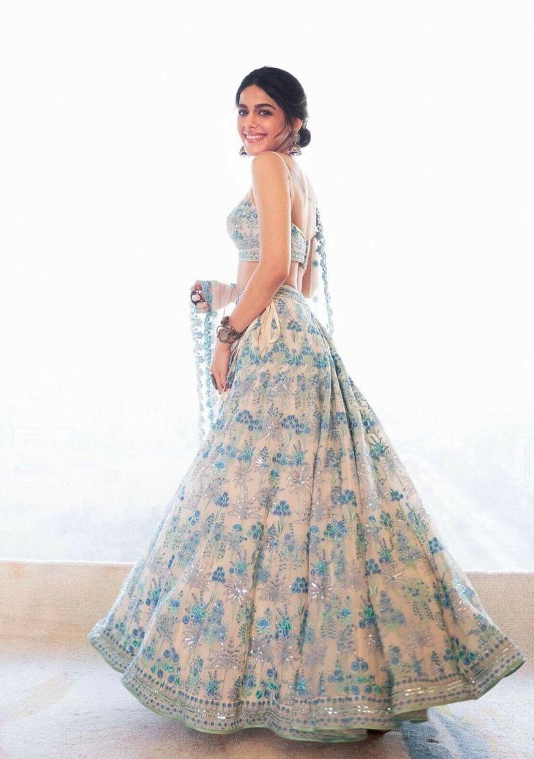 Sky Blue Thread Work Georgette Lehenga Set - Indya