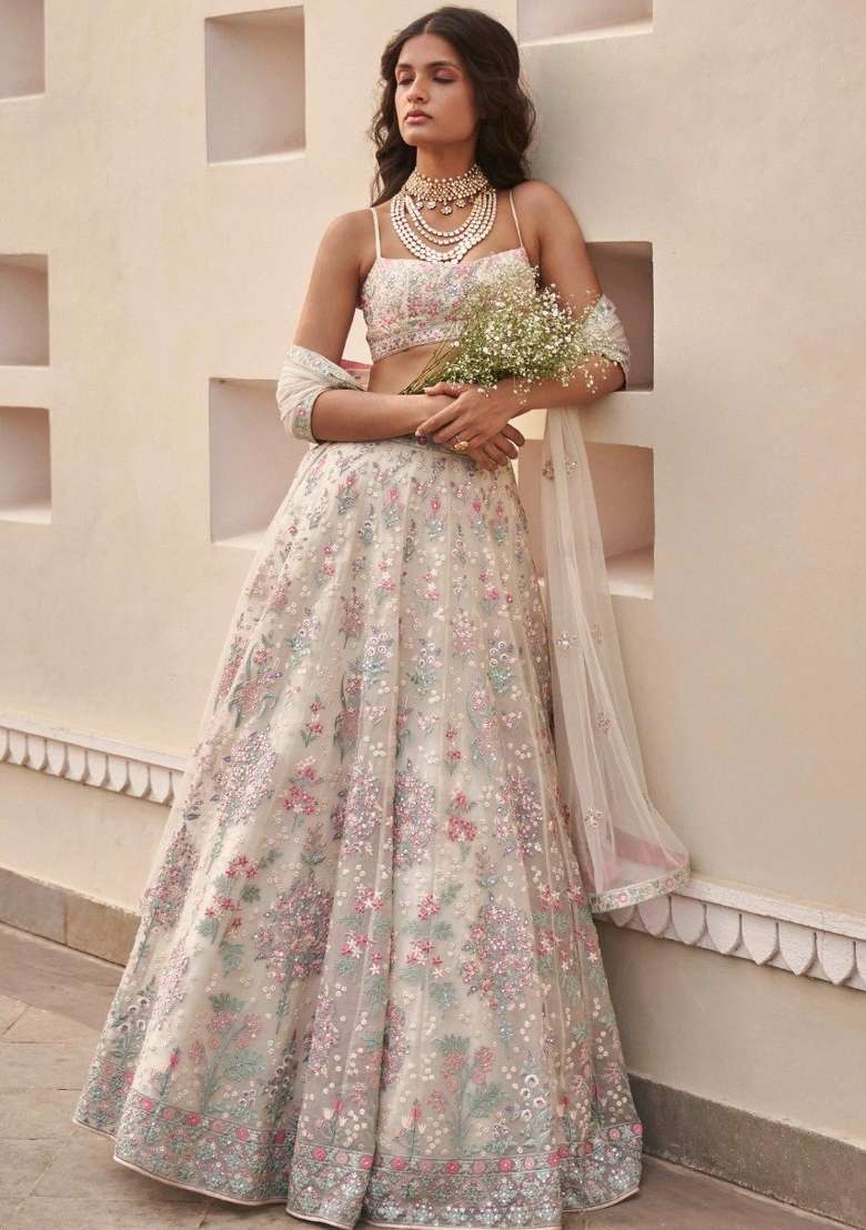 Cream Embroidered Georgette Lehenga Set for Diwali and Festive Wear - Indya
