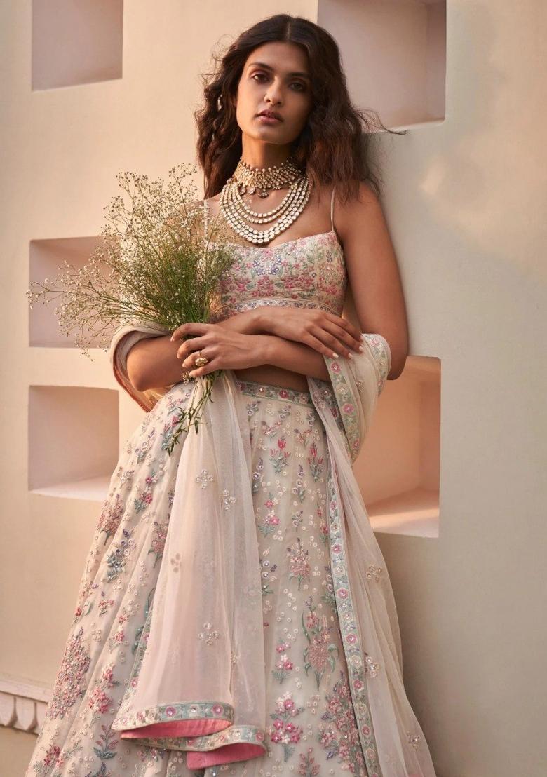 Cream Embroidered Georgette Lehenga Set - Indya