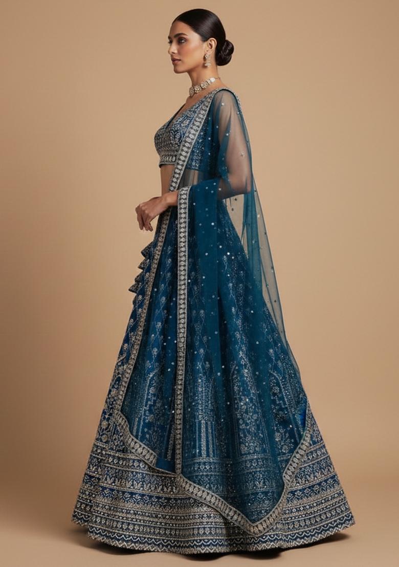Light Navy Embroidered Georgette Lehenga Set - Indya