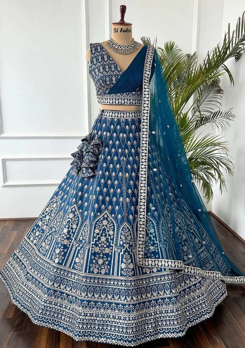 Light Navy Embroidered Georgette Lehenga Set for Diwali and Festive Wear - Indya