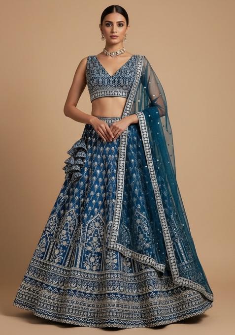 Light Navy Embroidered Georgette Lehenga Set