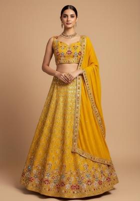 Yellow Embroidered Georgette Lehenga Set