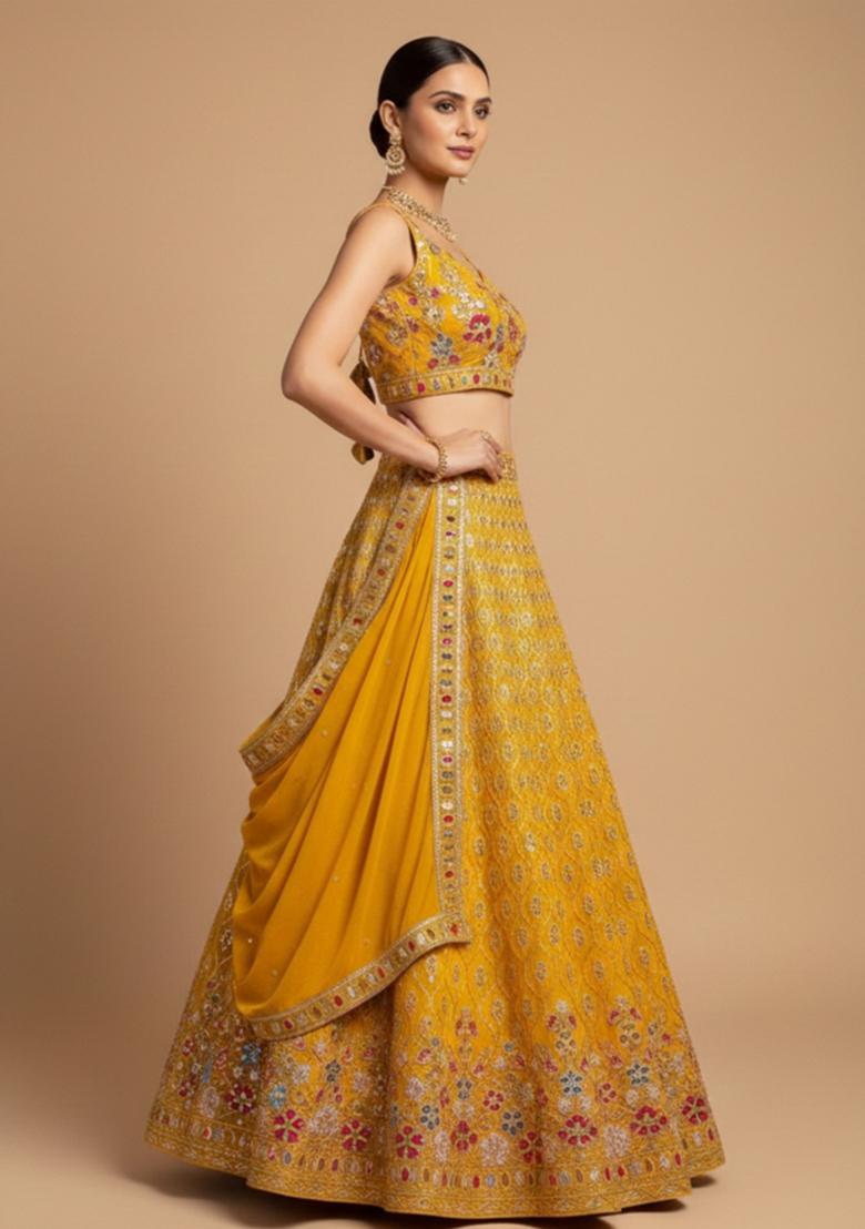 Yellow Embroidered Georgette Lehenga Set - Indya