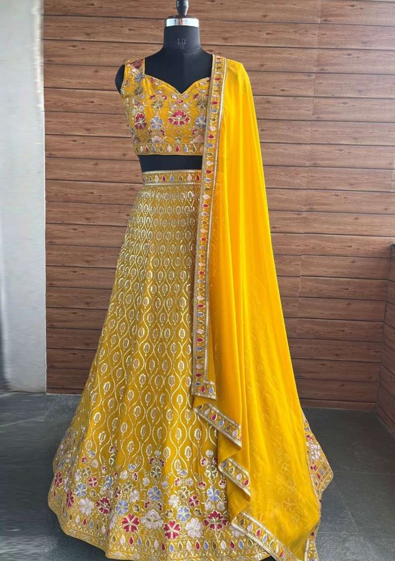 Yellow Georgette Lehenga Set with Embroidered for Diwali | Wedding & Festive Wear - Indya