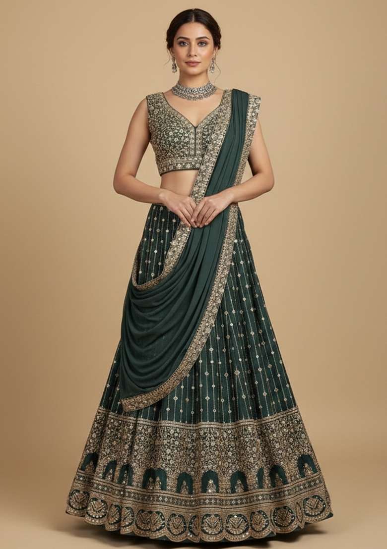 Light Green Embroidered Georgette Lehenga Set for Diwali and Festive Wear - Indya