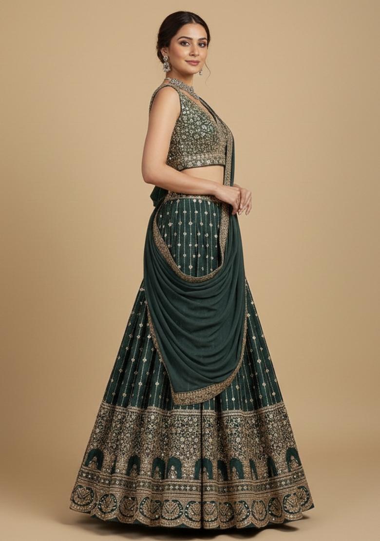 Light Green Embroidered Georgette Lehenga Set - Indya