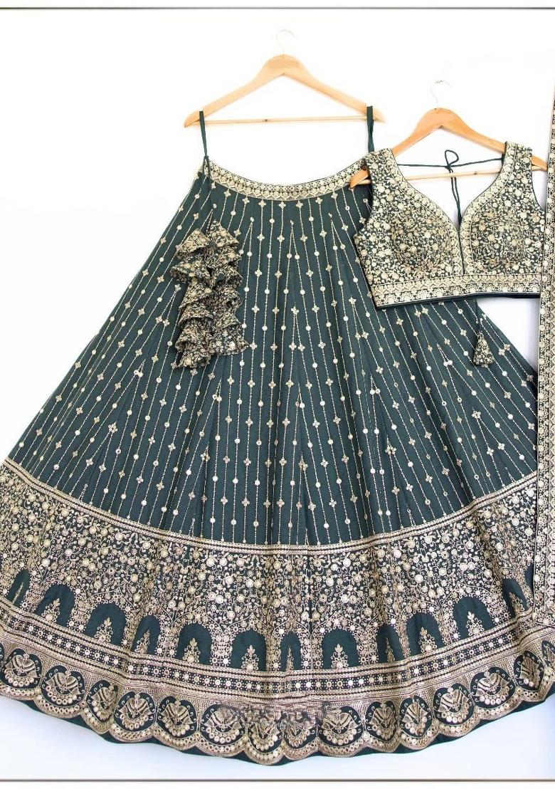 Light Green Embroidered Georgette Lehenga Set - Indya