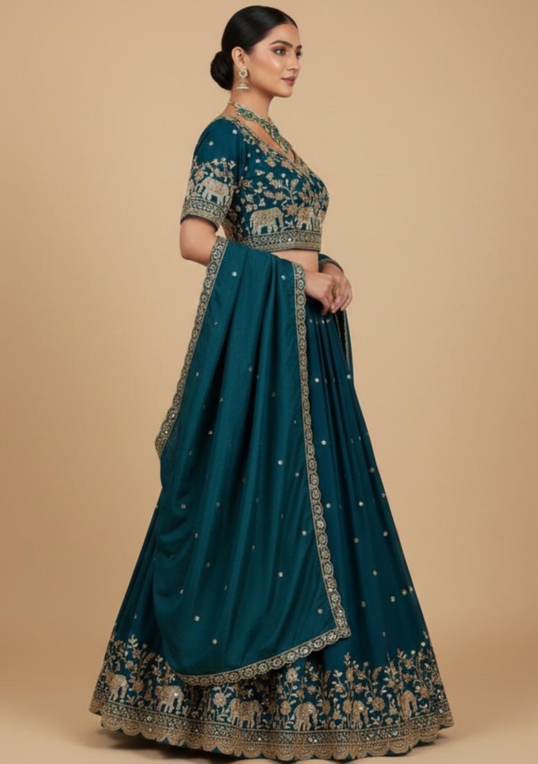 Morpeach Embroidered Silk Lehenga Set - Indya