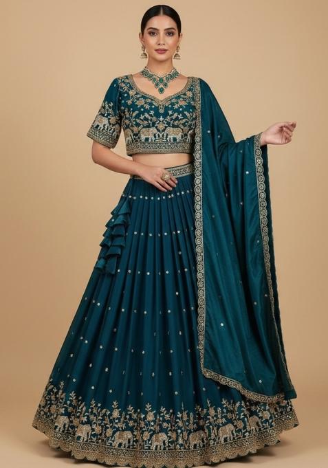 Morpeach Embroidered Silk Lehenga Set