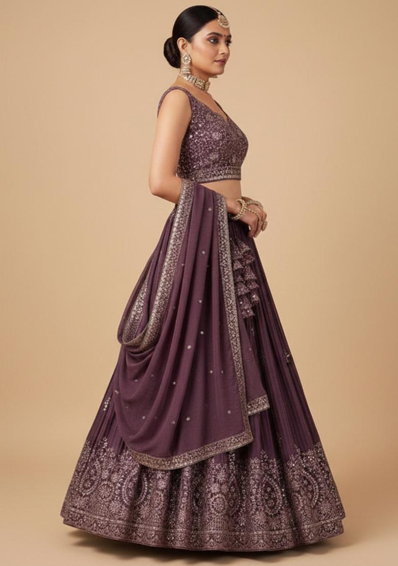 Rose Brown Embroidered Georgette Lehenga Set - Indya