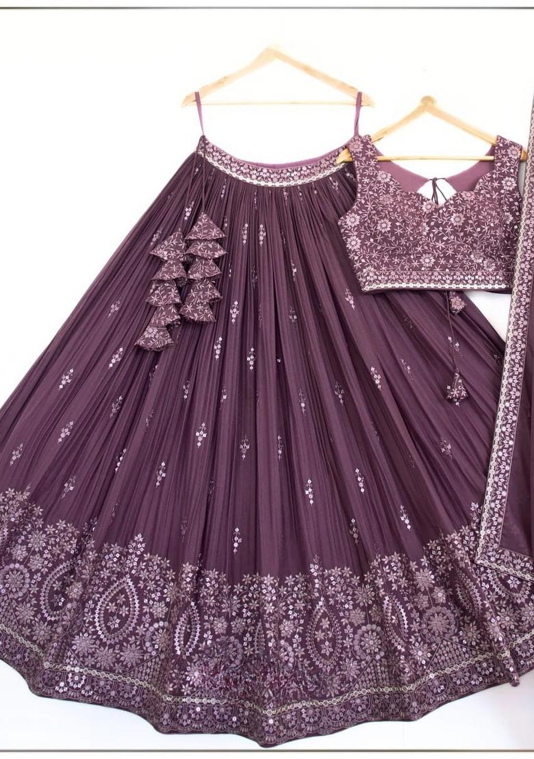 Rose Brown Embroidered Georgette Lehenga Set - Indya