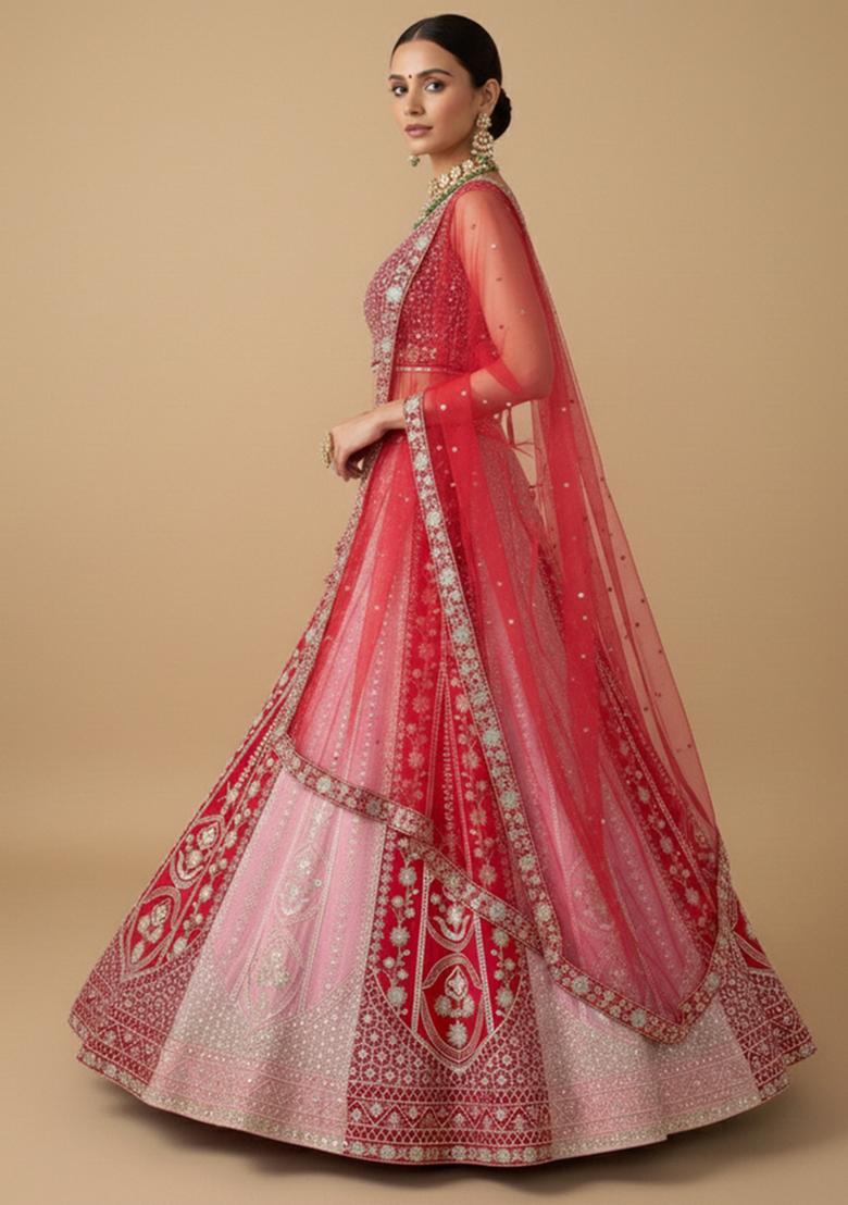 Multicolor Embroidered Georgette Lehenga Set - Indya
