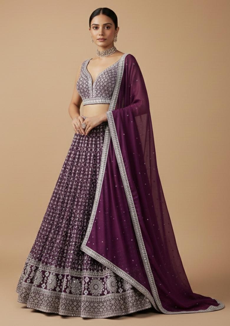 Purple Embroidered Georgette Lehenga Set - Indya