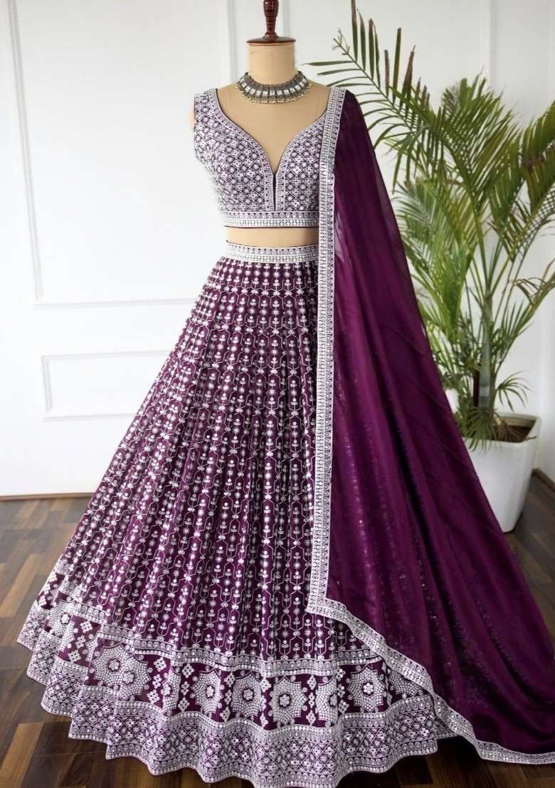 Purple Georgette Lehenga Set with Embroidered for Diwali | Wedding & Festive Wear - Indya