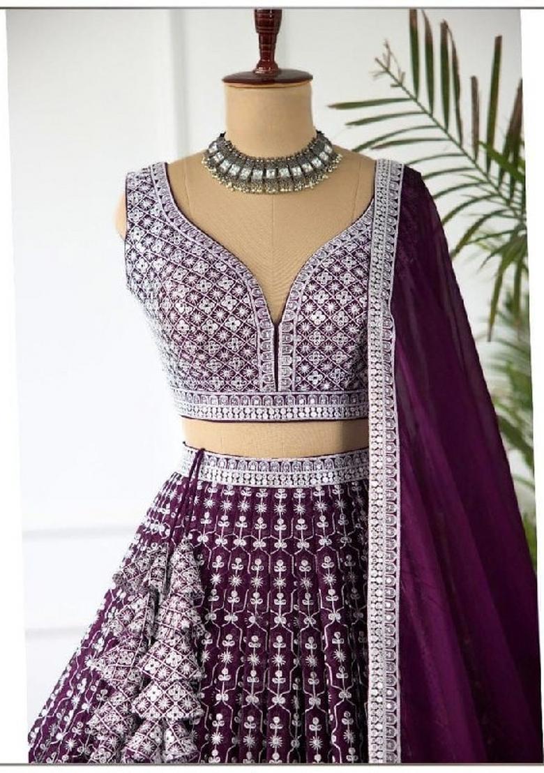 Purple Embroidered Georgette Lehenga Set - Indya